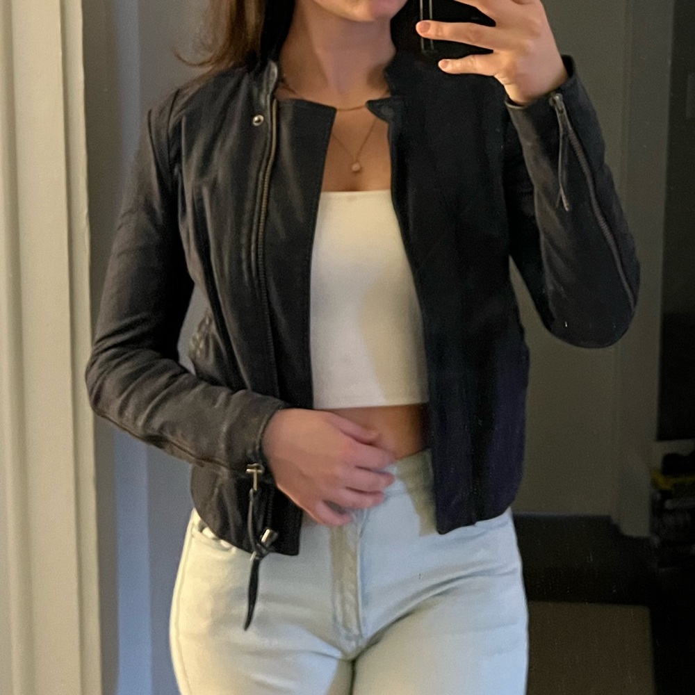 Free People Cool & Clean Moto Jacket Vegan Faux-Suede Knit Side Panels